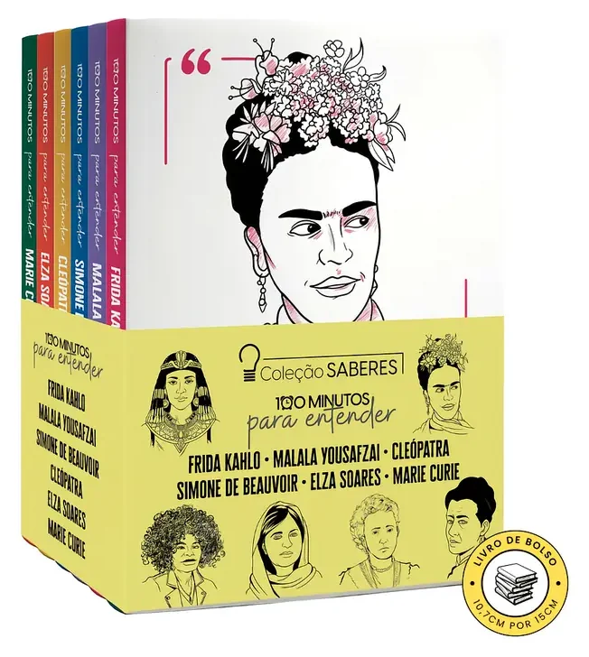 Box da Coleção Saberes com seis livros de bolso em pé, lombadas coloridas e a capa de Frida Kahlo à frente, dentro de uma cinta amarela com o nome das seis mulheres.